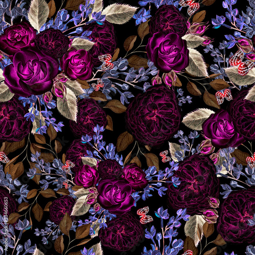 Seamless pattern with watercolor  lilac and roses flowers.