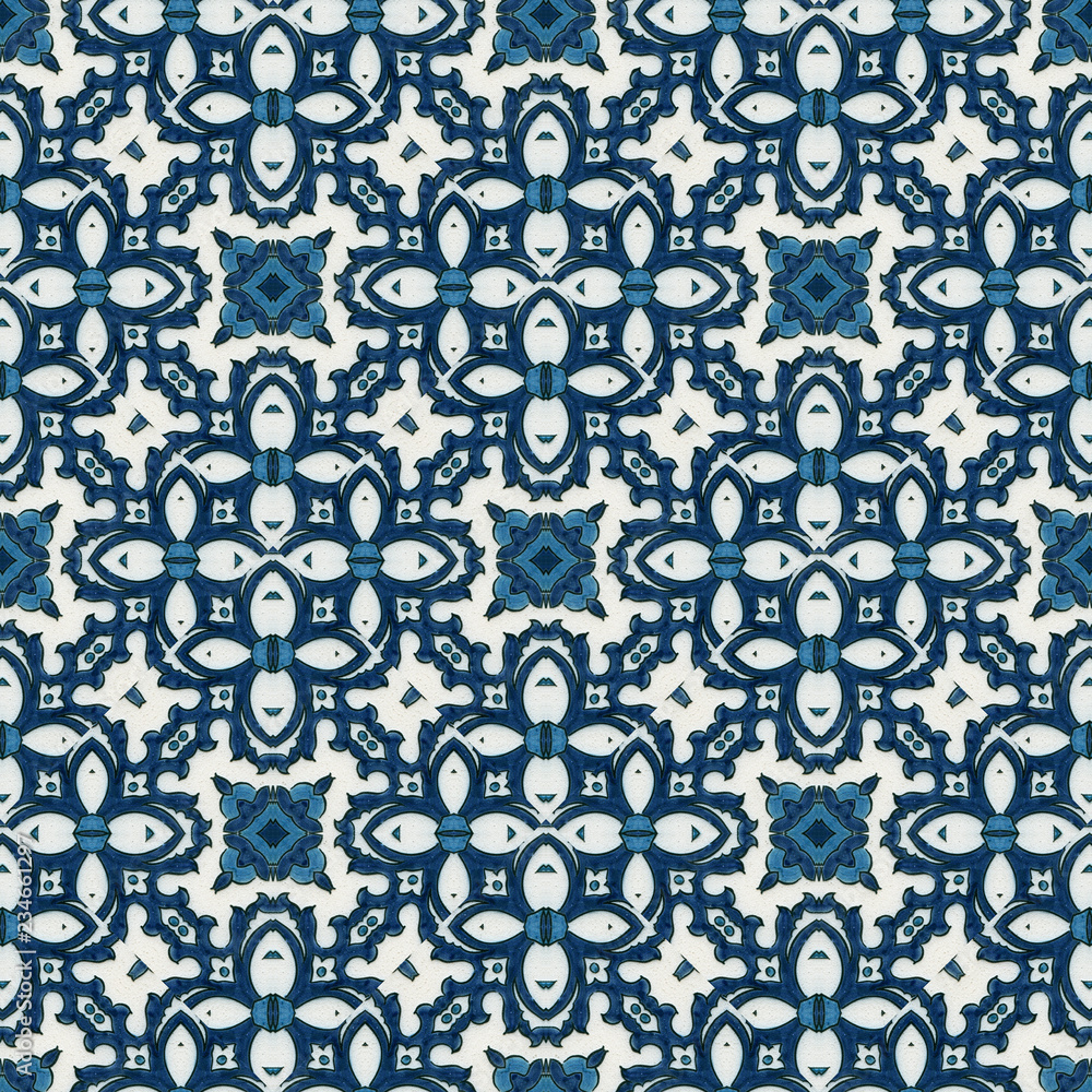 blue and white ceramic pattern, porcelain background texture, damask design style, 3d illustration.