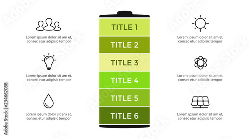 Vector battery infographic template. Presentation slide template. Business concept with 6 options, parts, steps, processes.
