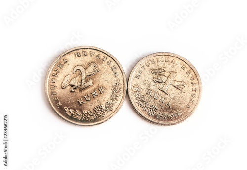 Fotografi Croatian money, one and two kuna сoins, averse and reverse, isolated on white background