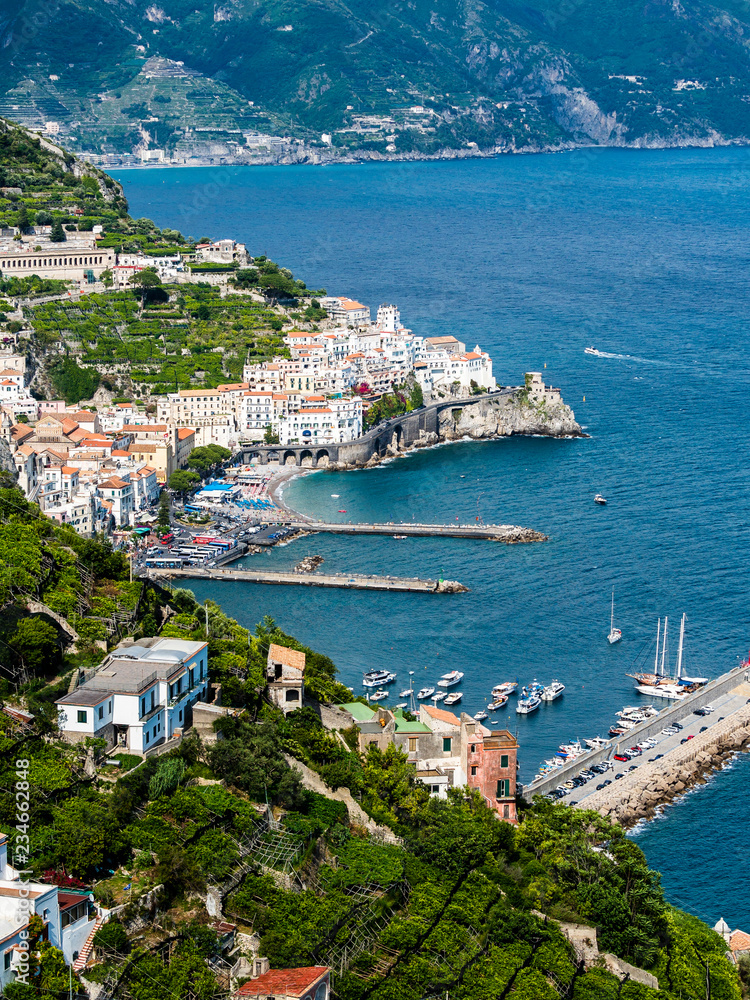 View of Amalfi and the Amalfi Coast, Unesco World Heritage Site,, Costiera Amalfitana, Sorrento Peninsula, Amalfi Coast, Campania, Italy