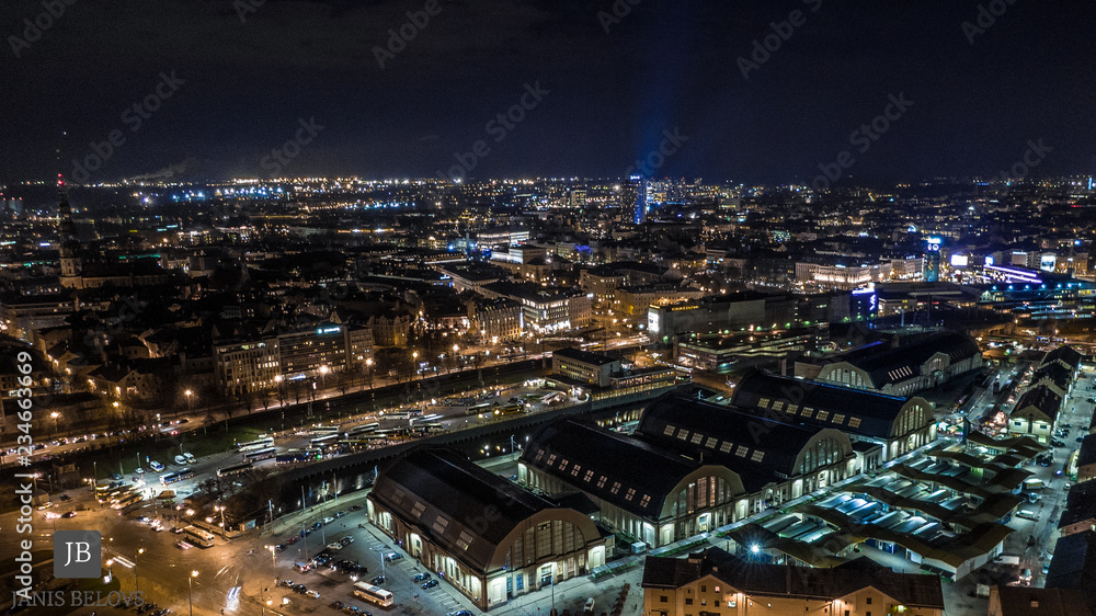 Aero panoram view over biggest Riga market center