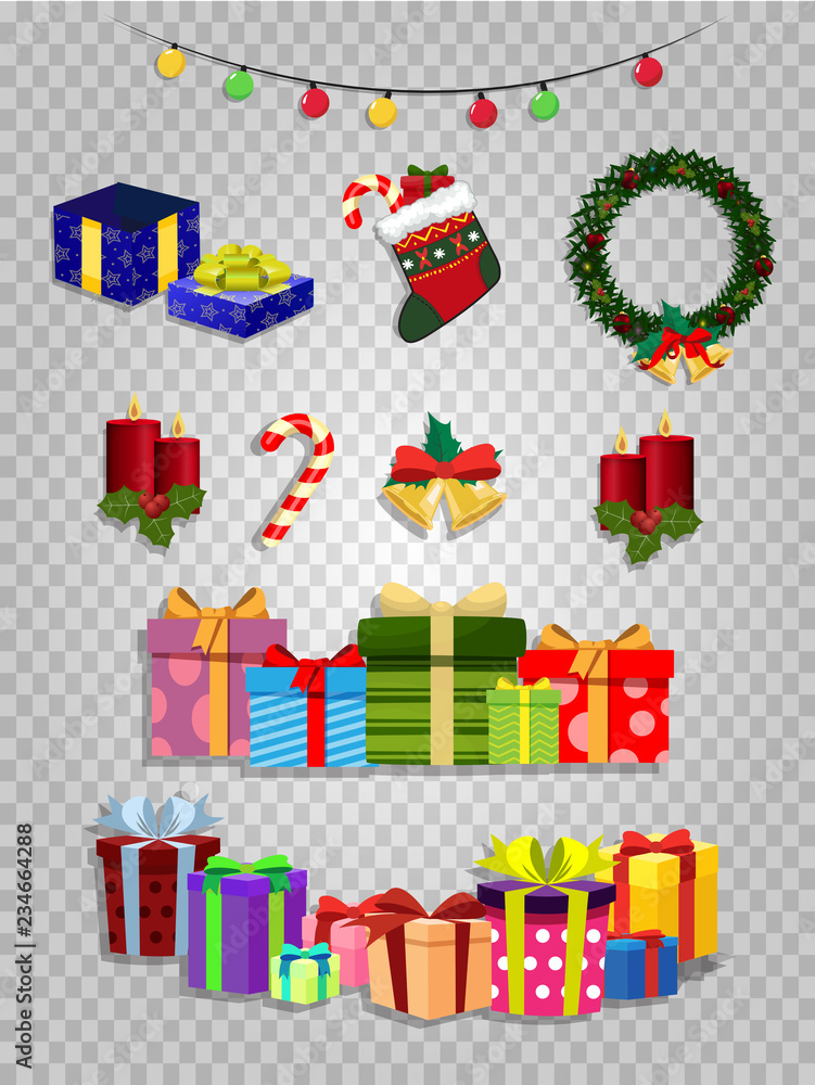 Vector Christmas set of cute cartoon festive attributes on transparent background.