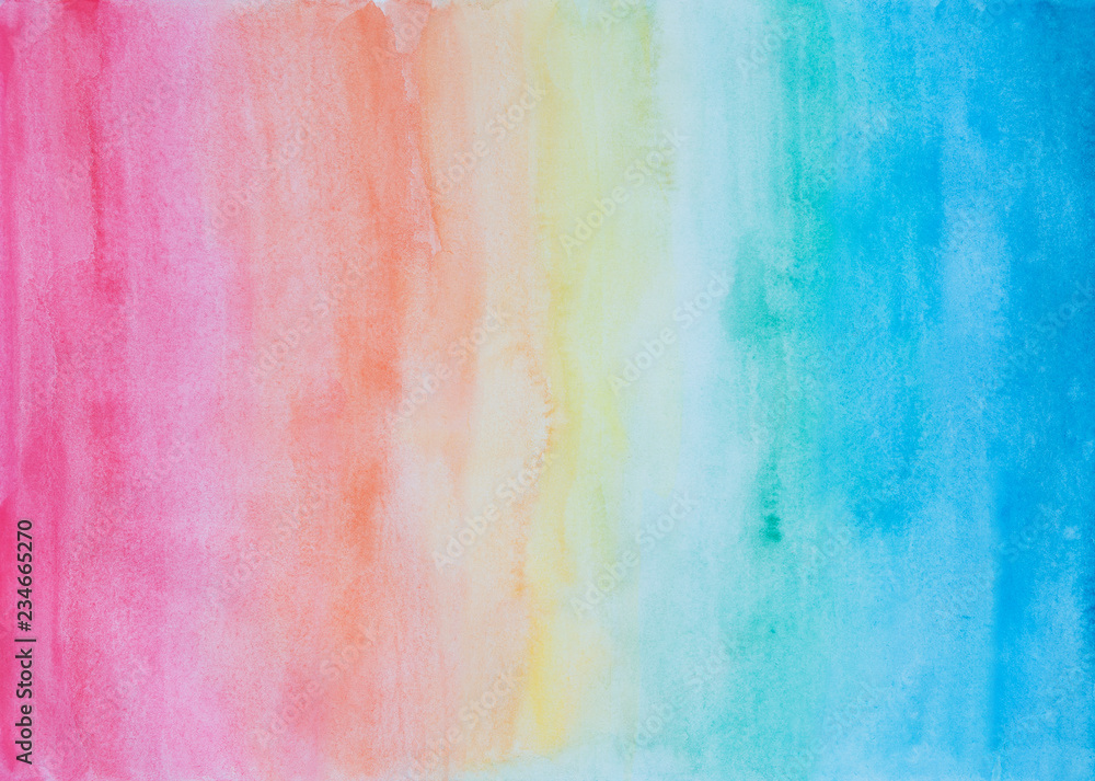 Abstract hand painted watercolor background in rainbow colors with watercolour stains and paper texture.