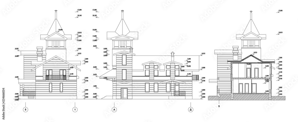 Set of wooden log private house or church facades with a tower, detailed architectural technical drawing, vector blueprint