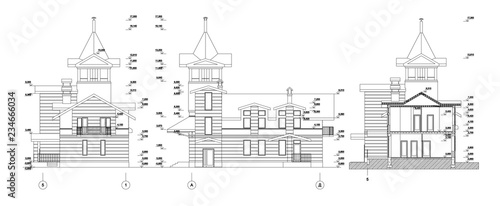 Set of wooden log private house or church facades with a tower, detailed architectural technical drawing, vector blueprint