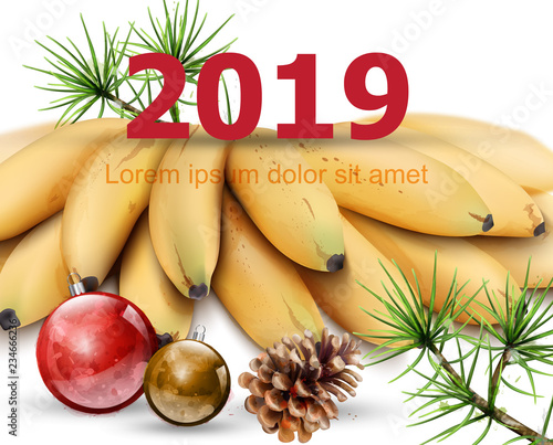 New Year 2019 card with bananas Vector. Watercolor exotic fruits and winter d...