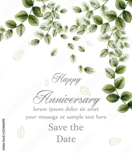 Happy anniversary card with watercolor green leaves Vector. White color backg...