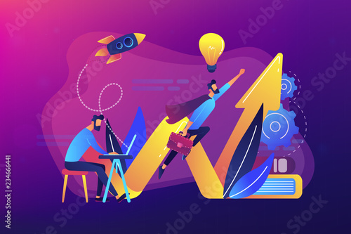 Businessman works and flies like superhero with briefcase. Start up launch, start up venture and entrepreneurship concept on ultraviolet background. Bright vibrant violet vector isolated illustration