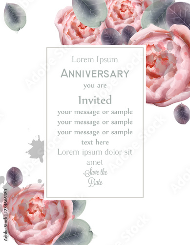 Peony flowers card Vector watercolor. Floral decor. Anniversary backgrounds