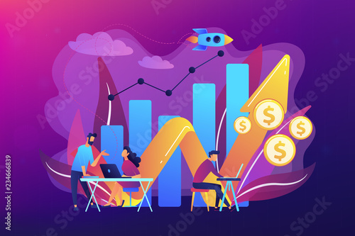 Sales managers with laptops and growth chart. Sales growth and manager, accounting, sales promotion and operations concept on ultraviolet background. Bright vibrant violet vector isolated illustration