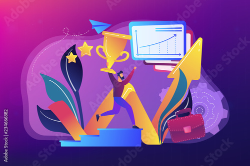 Businessman with trophy runs up stairs, growth chart. Business success, leadership, business assets and planning concept on ultraviolet background. Bright vibrant violet vector isolated illustration