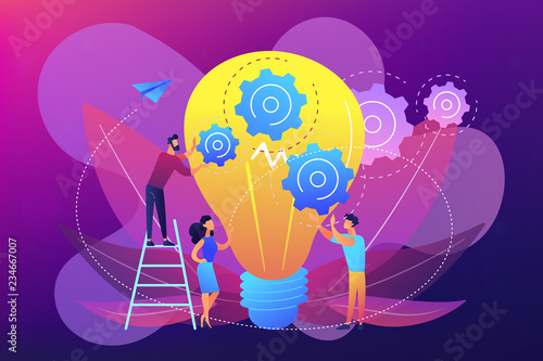 Huge lightbulb and business team holding gears. Teamwork and collaboration, goal achievement, colleagues concept on ultraviolet background. Bright vibrant violet vector isolated illustration