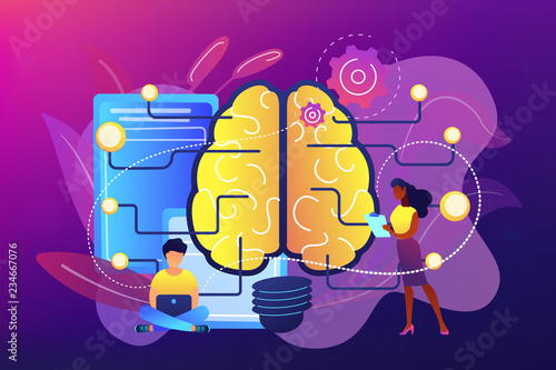 Brain with circuit and programmer. Artificial intelligence, machine learning and data science, cognitive computing concept on ultraviolet background. Bright vibrant violet vector isolated illustration