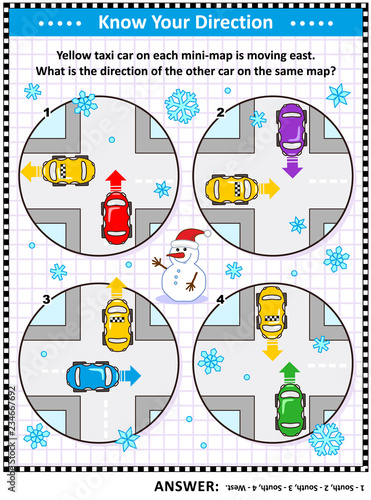 Map skills learning and training activity page or worksheet, winter or winter holidays themed: Yellow taxi car on each mini-map is moving east. What is the direction of the other car on the same map?