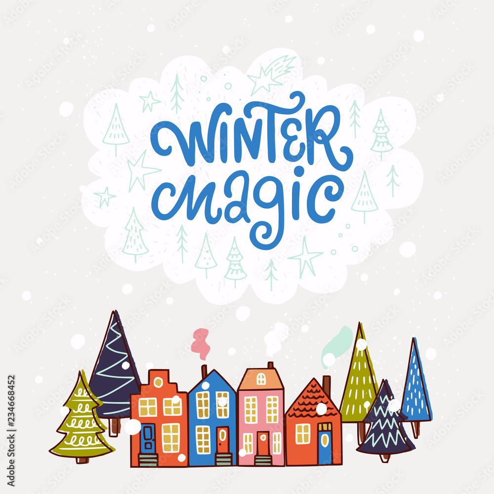 Winter Magic inscription and cute dodle houses