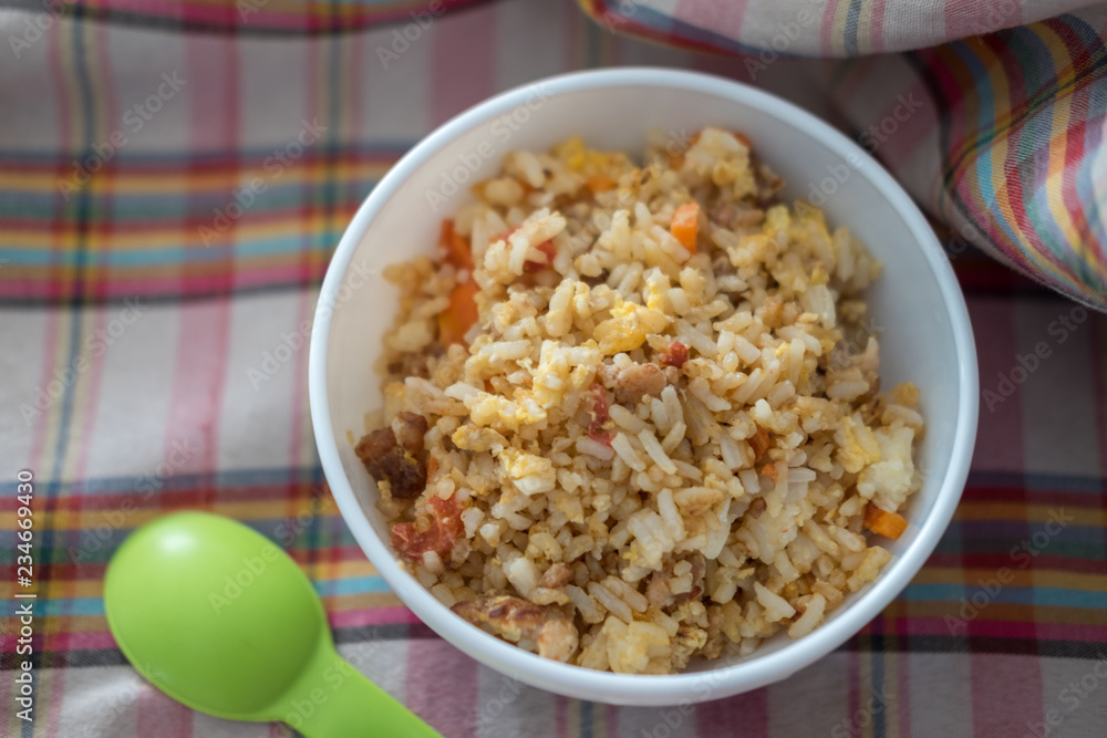 Fried egg with Thai Jasmine rice, homemade food for kid Fried egg with Thai Jasmine rice, homemade food for kid