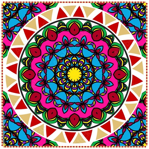 colorful floral ornament with decorative border. Ethnic mandala decoration. For fashion print, bandanna, tablecloth, neck scarf