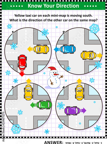 Map skills learning and training activity page or worksheet, winter or winter holidays themed: Yellow taxi car on each mini-map is moving south. What is the direction of the other car on the same map?