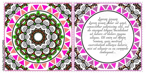 Cards or Invitations set with mandala design . The front and rear side. Vector illustration