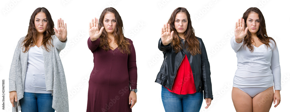 Collage of beautiful plus size woman over isolated background doing stop sing with palm of the hand. Warning expression with negative and serious gesture on the face.