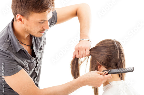 Professional hairdresser with long hair model, isolated on white