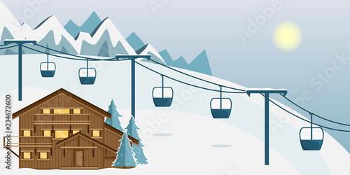 Cozy wooden Chalet in the mountains. Mountain landscape. Flat style. Ski resort.