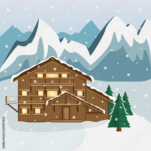 Cozy wooden Chalet in the mountains. Mountain landscape. Flat style. Ski resort. Snowfall.