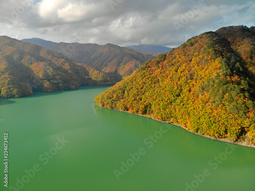 Aerial view of lake Kawamata and autumn foliage, Nikko, Tochigi, Japan photo