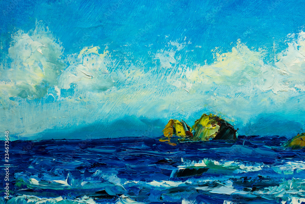 Fototapeta premium Islands and waves in the sea - Marine seascape wave painting