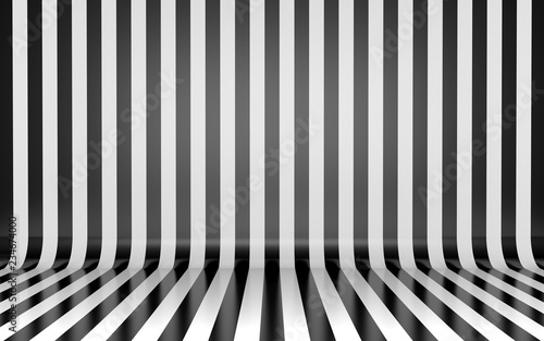 Black and white vertical lines on wall and floor studio background 3D render