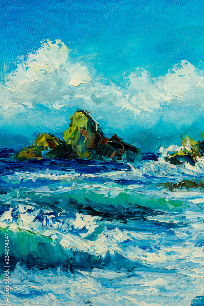 Fototapeta premium seascape painting sea, illustration, wave, blue, water