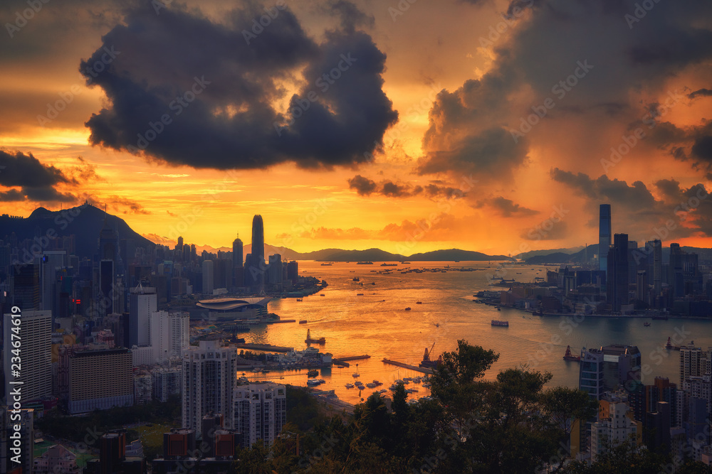 surreal of golden skyline with cityscape and ocean