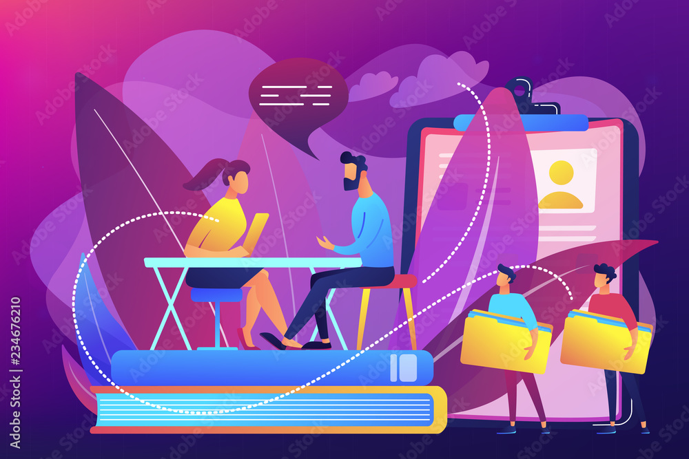 HR specialist having an interview with job applicant and candiadates waiting. Job interview, employment process, choosing a candidate concept. Bright vibrant violet vector isolated illustration