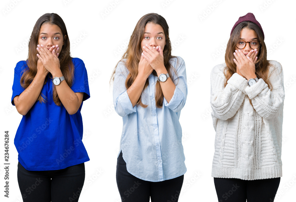 Collage of beautiful young woman over isolated background shocked covering mouth with hands for mistake. Secret concept. Collage of beautiful young woman over isolated background shocked covering mouth with hands for mistake. Secret concept.