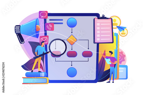 Businessmen with magnifier looking at business process flow chart. Business rules and regulation, main company policy, IT business analysis concept. Bright vibrant violet vector isolated illustration