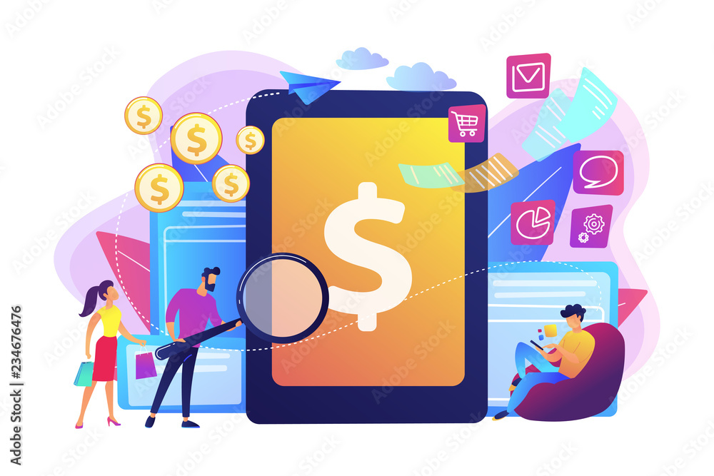 Clients with magnifier get e-invoicing and pay bills online. E-invoicing service, electronic invoicing, e-billing system and e-economy tools concept. Bright vibrant violet vector isolated illustration