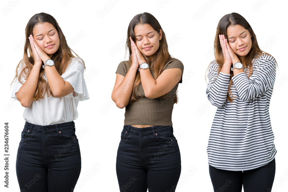 Collage of beautiful young woman over isolated background sleeping tired dreaming and posing with hands together while smiling with closed eyes. Collage of beautiful young woman over isolated background sleeping tired dreaming and posing with hands together while smiling with closed eyes.
