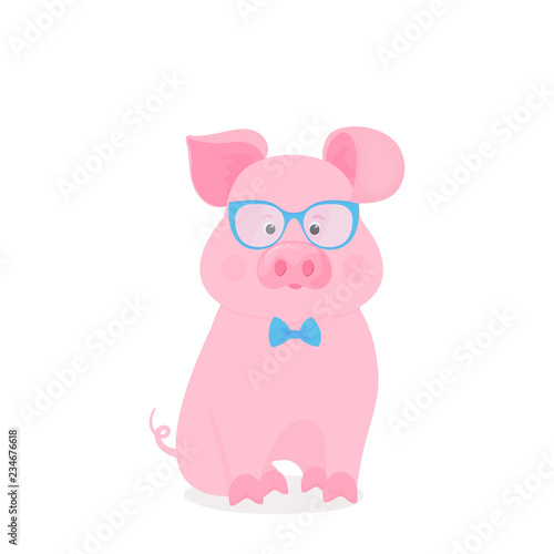 Cute pig sits in glasses and a bow tie. Funny piggy. The symbol of the Chinese New Year