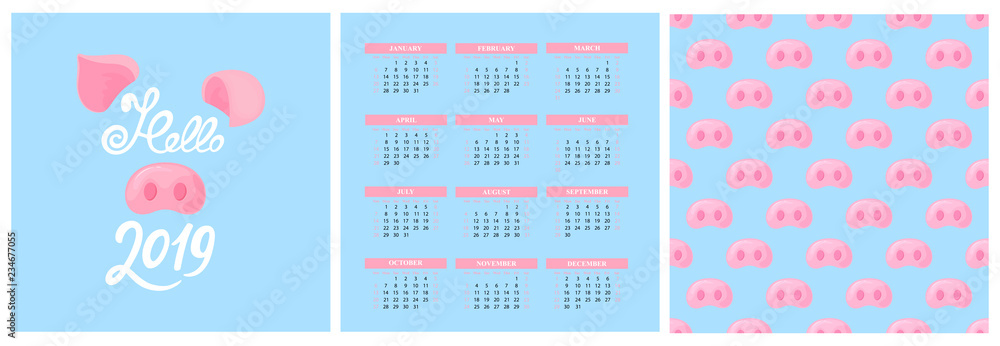 Wall Calendar for 2019 from Sunday to Saturday. Chinese New Year of the yellow earth pig. Piggy nose seamless pattern. Greeting card. Hand lettering. Wall Calendar for 2019 from Sunday to Saturday. Chinese New Year of the yellow earth pig. Piggy nose seamless pattern. Greeting card. Hand lettering.