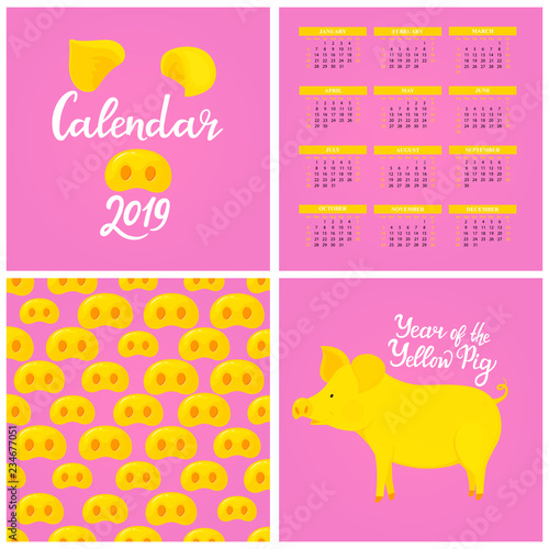 Wall Calendar for 2019 from Sunday to Saturday. Chinese New Year of the yellow earth pig. Piggy nose seamless pattern. Greeting card. Hand lettering. Set of design elements
