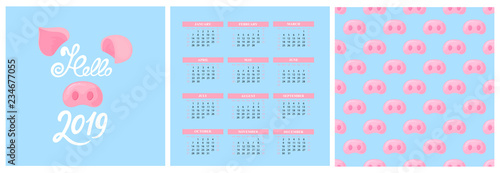 Wall Calendar for 2019 from Sunday to Saturday. Chinese New Year of the yellow earth pig. Piggy nose seamless pattern. Greeting card. Hand lettering.