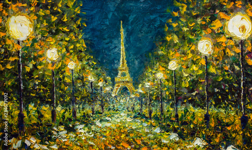 Oil Painting, Paris. European night city landscape. France, Wallpaper, eiffel tower. Night Modern art. Lanterns trees in the park