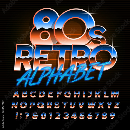 80s retro alphabet font. Uppercase oblique shiny gradient letters and numbers. Stock vector typescript for your design in 80s style.
