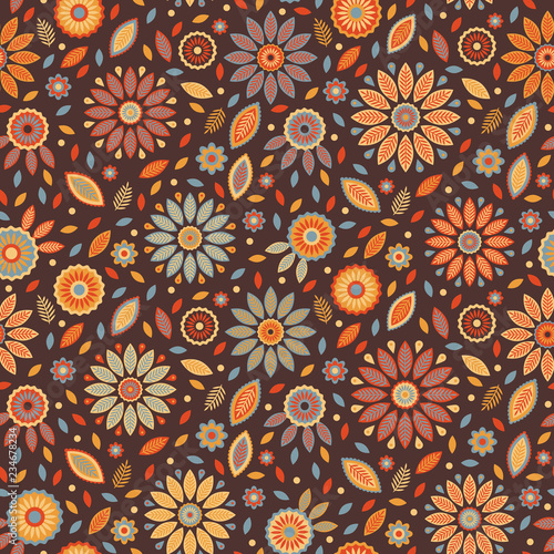 Appealing natural pattern with flowers  leafs and feathers  vector repeat. Warm color combination with earthy  brown background. Great for gift wrapping paper  scrapbooking  wallpapers  textiles etc.