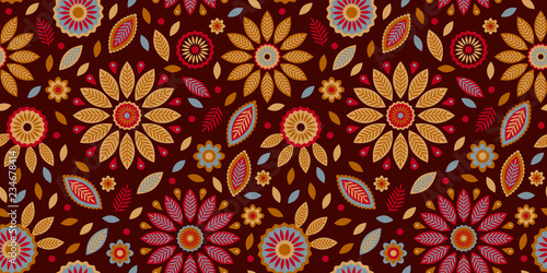Fotografie Ethnic abstract flower and leaf elements, seamless repeat pattern