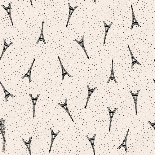 Delicate black & white eiffel tower vector pattern, seamless vector repeat with sprinkles background. Trendy vintage style. 