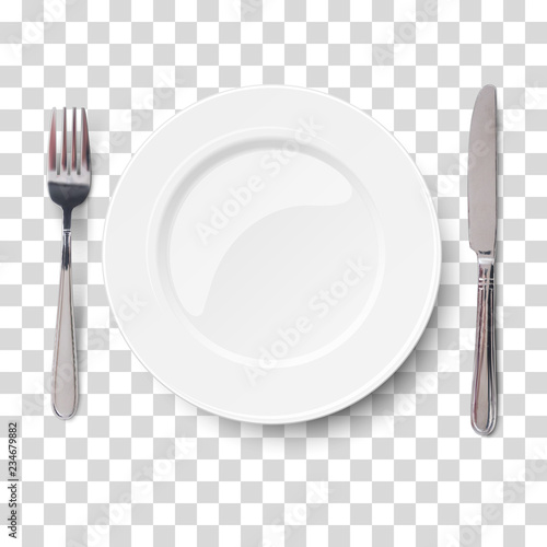 Empty plate with knife and fork isolated on a transparent chequered background. View from above. Vector illustration.