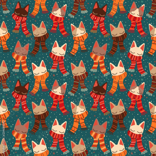 Cute christmas and happy new year cats with scarfs on falling snow background, seamless vector repeat pattern. Trendy flat style. Great for fabrics, scrapbooking, wrapping paper, cards, wallpaper etc