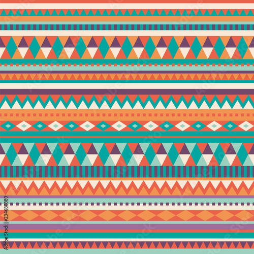 Seamless bright minimal aztec inspired repeat pattern. Light colors, harmonic shapes. Bright and positive design. Perfect for clothing or paper products.
